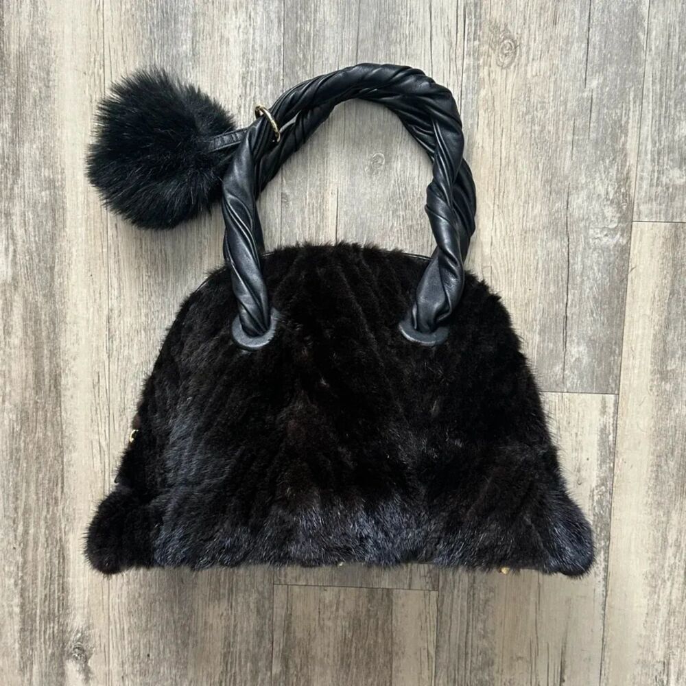Paolo Masi Black Mink Fur Leather Bag Purse Braided Handles With Bag Charm